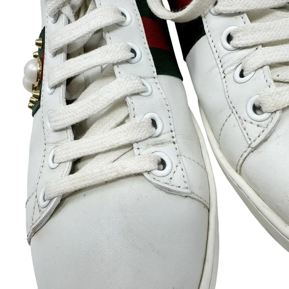 Gucci Ace Sneakers 37 White Leather Pearl Stud Web Stripe Spiked Heel - Picture 9 of 10